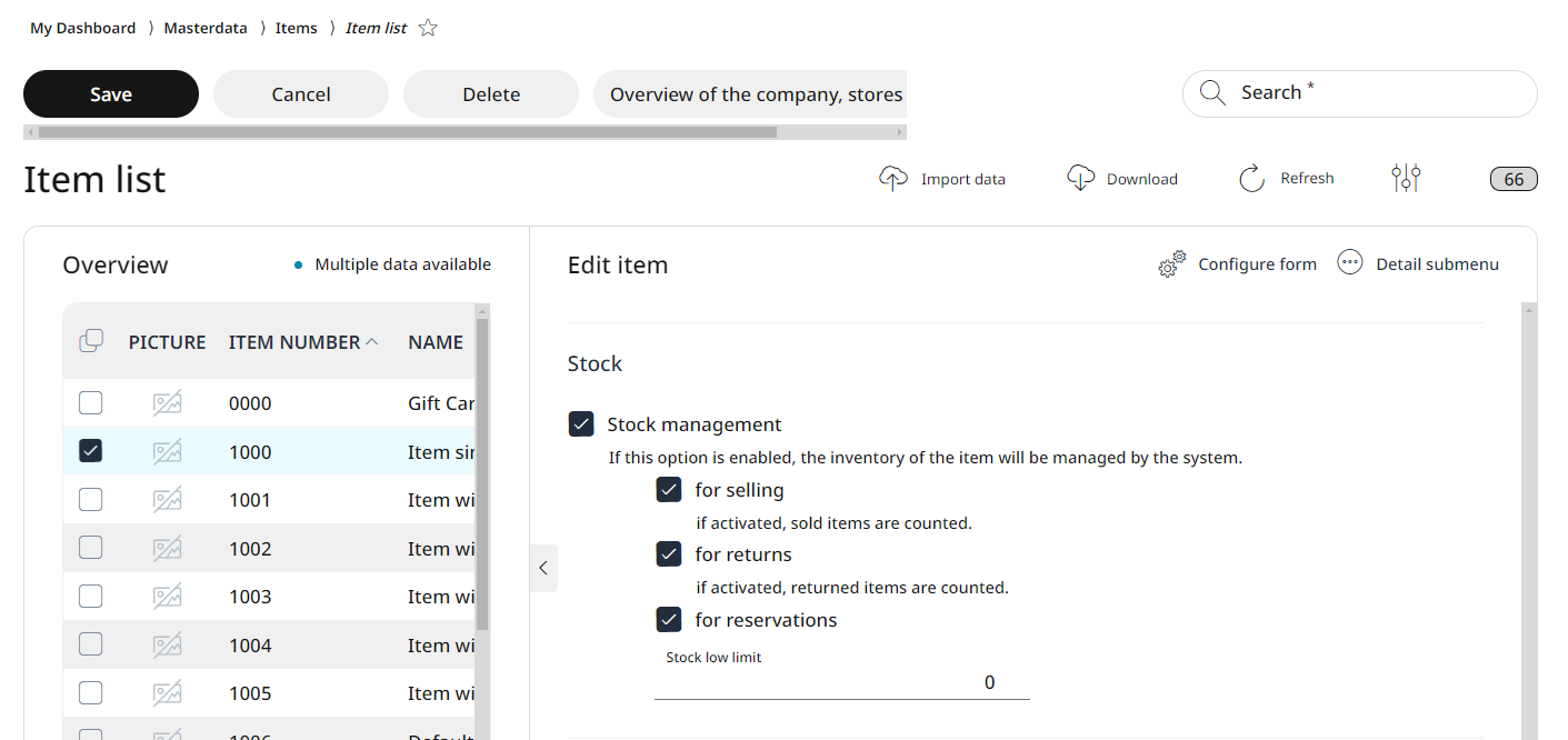 Stock management features activated for the relevant item