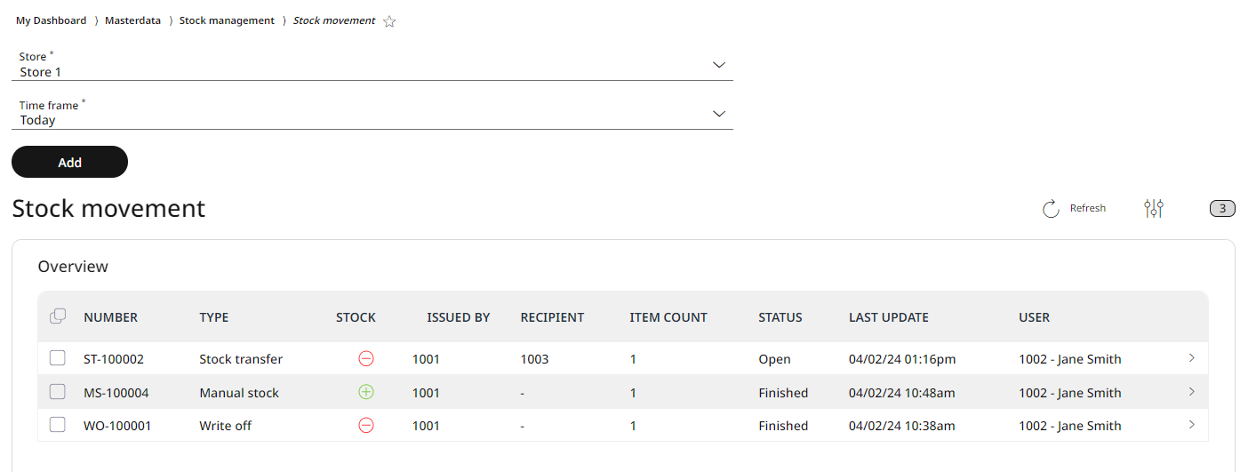 After a successful save, the new stock movement appears in the list view