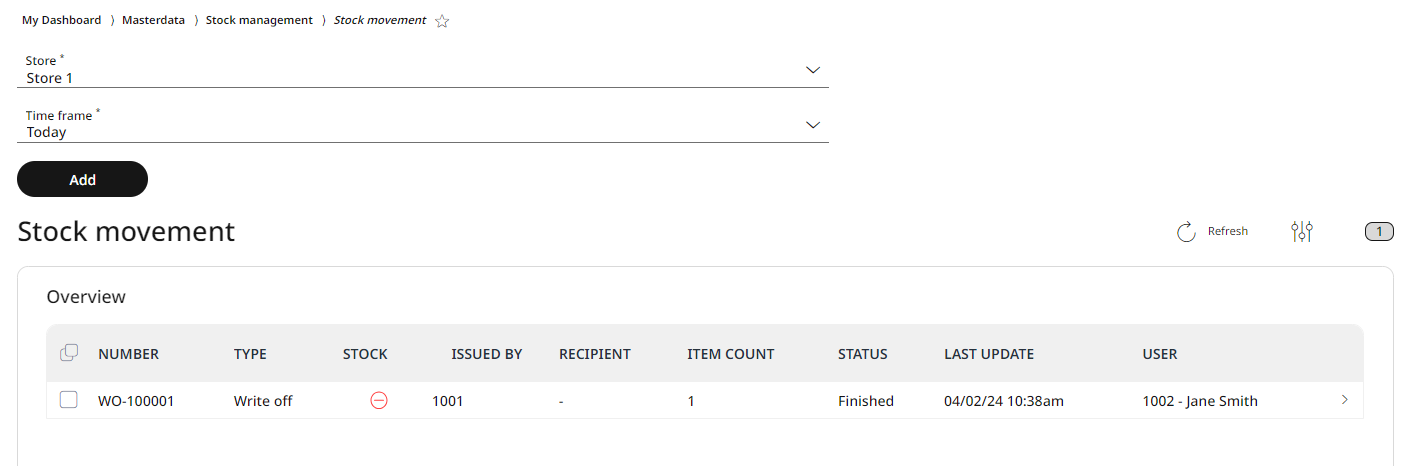 After a successful save, the new stock movement appears in the list view