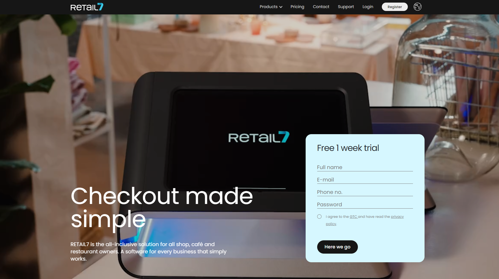 Welcome screen of the retail7.io website