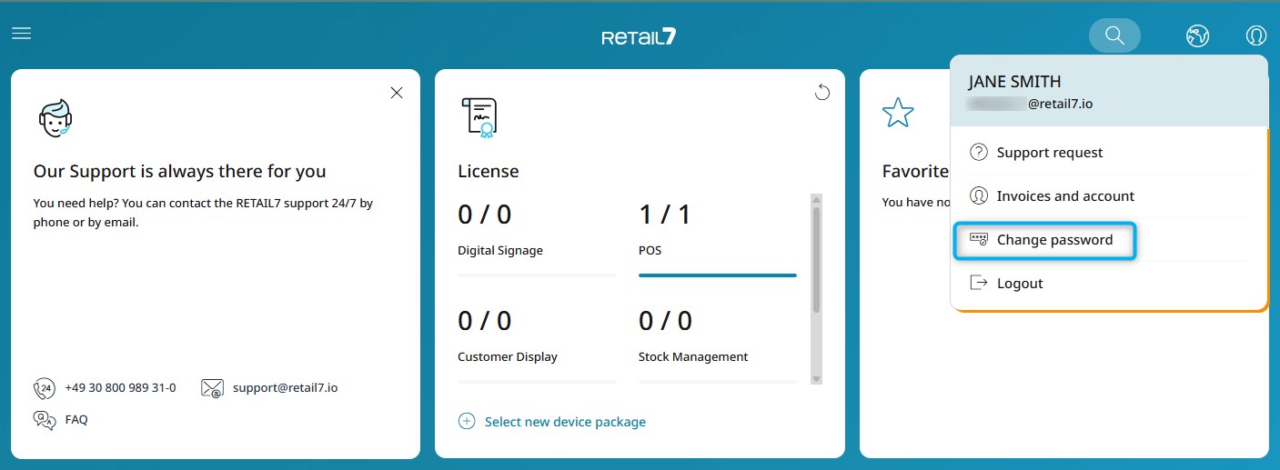 The Change password menu can also be accessed via the User menu