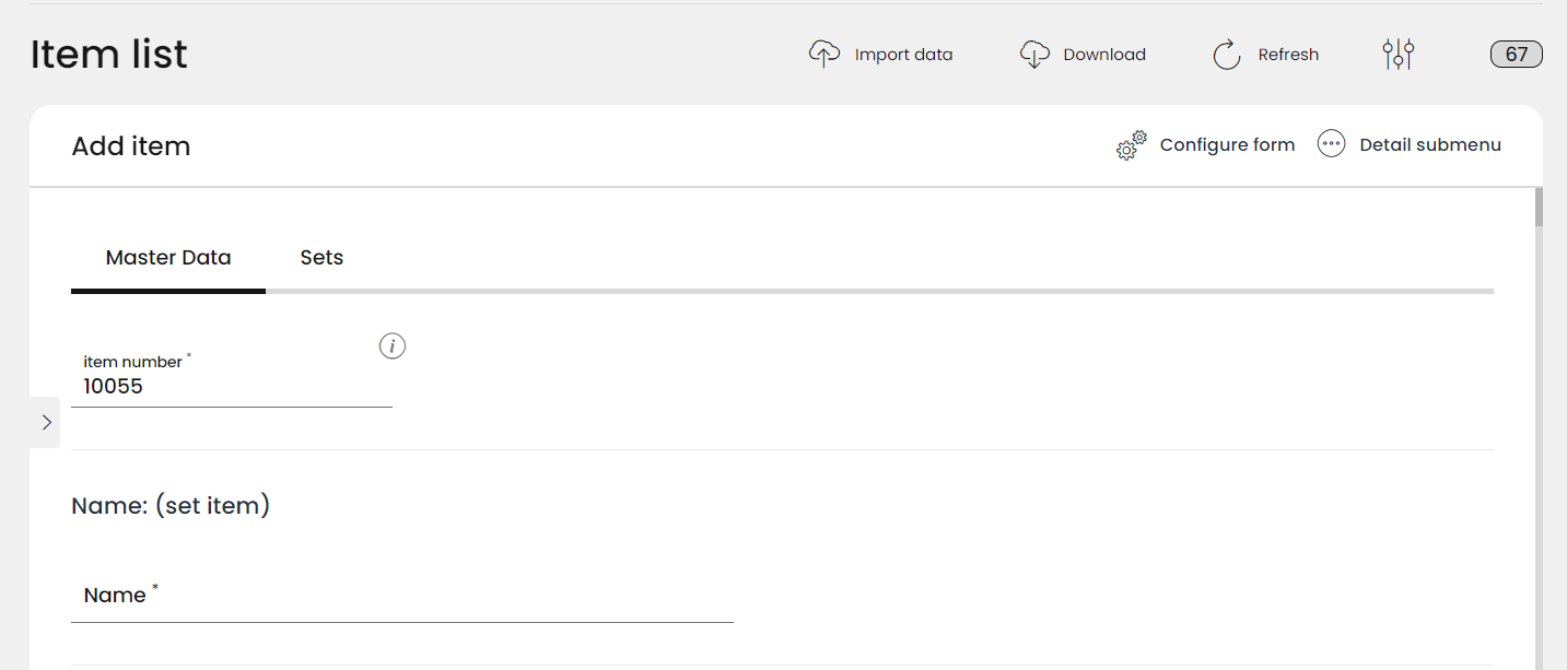 When a set item is created, a new tab appears beside the Masterdata sheet, called Sets