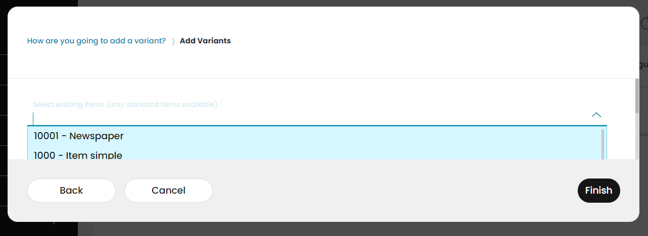 Adding an existing item from a scrolldown menu as variant
